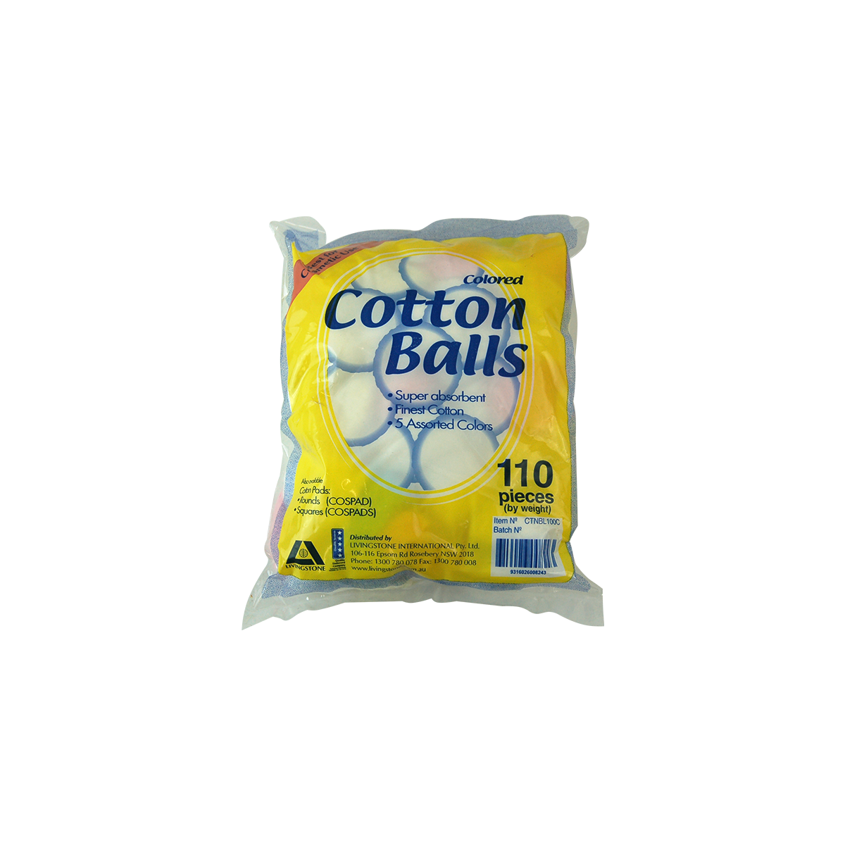 Livingstone Cotton Balls Non-Sterile 110/Bag - 5 Assorted Colors x170