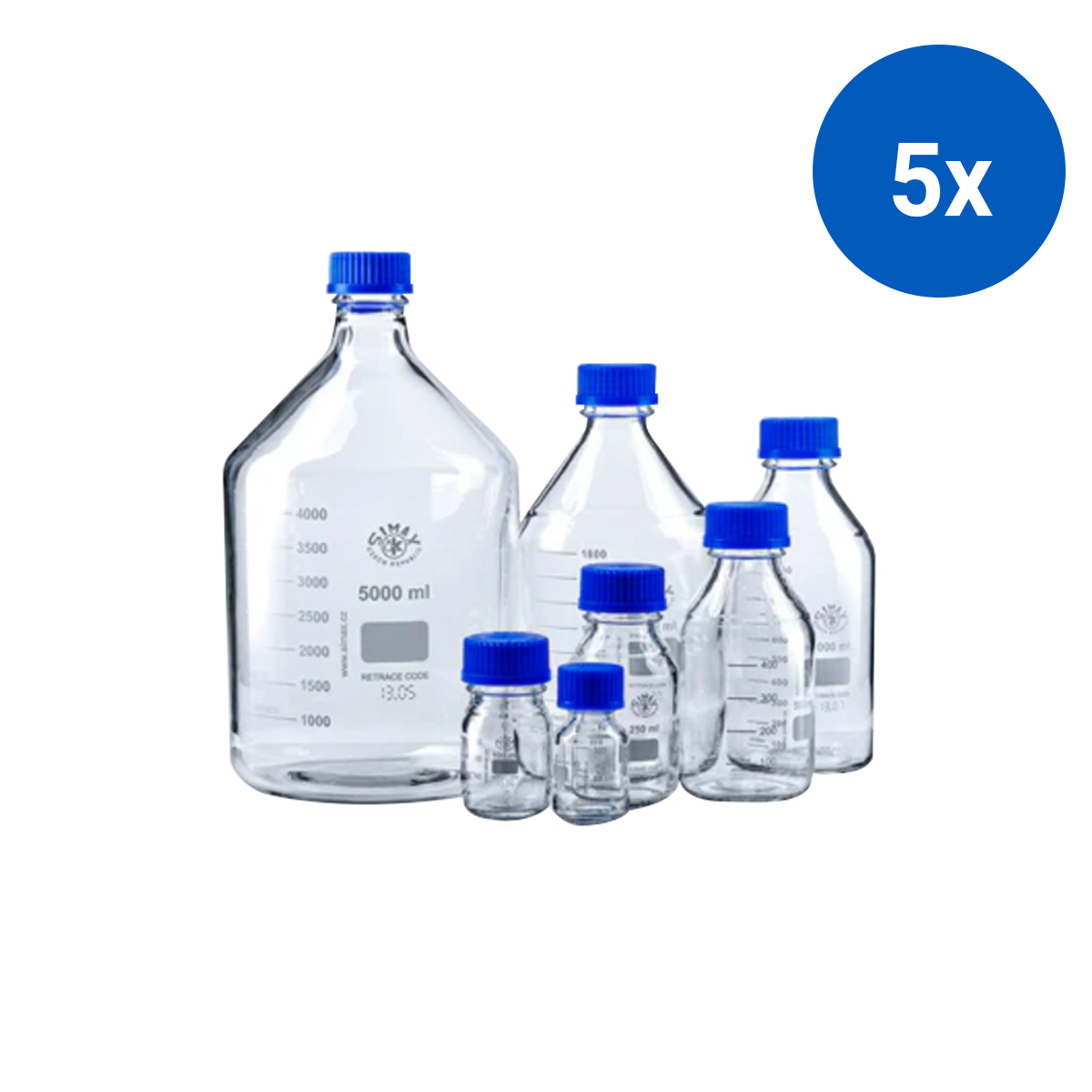 Simax Lab Reagent Bottle 1000ml 101mm x 230mm GL45 Borosilicate Glass 10/Box - Clear/Blue Cap & Outlet Ring x5