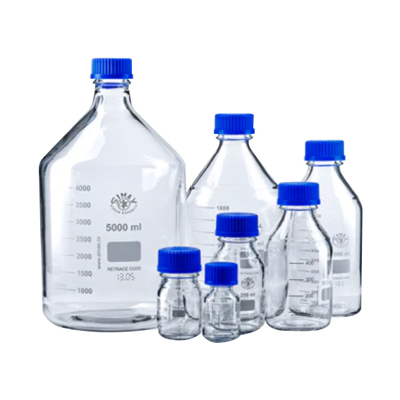 Simax Lab Reagent Bottle 1000ml 101mm x 230mm GL45 Borosilicate Glass 10/Box - Clear/Blue Cap & Outlet Ring x5
