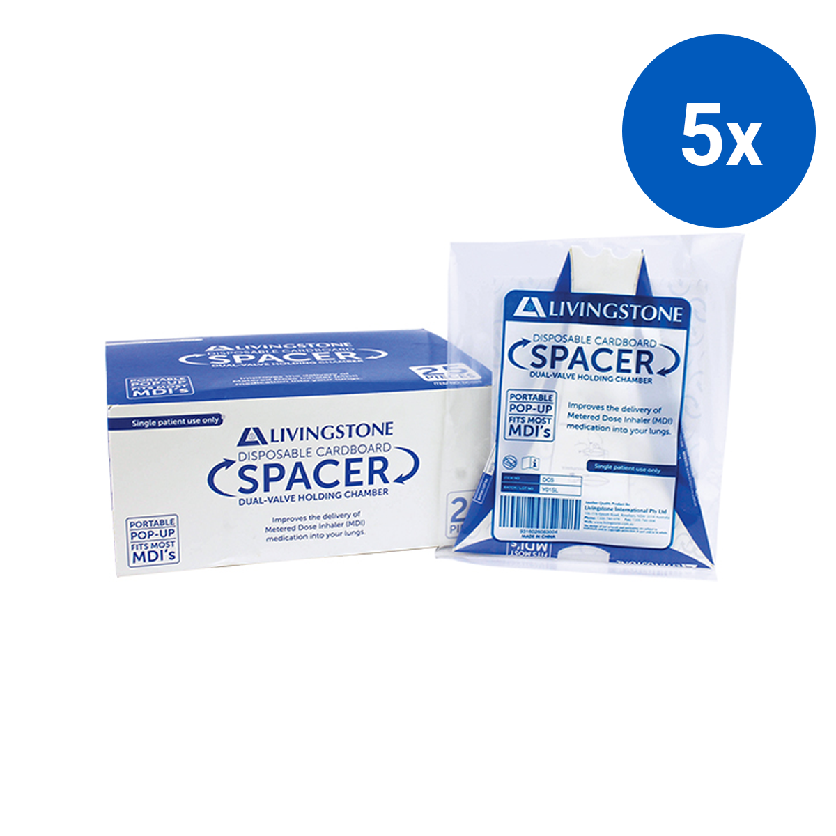 Livingstone Flat Disposable Cardboard Asthma Spacer 25 Pcs/Box - Blue x5