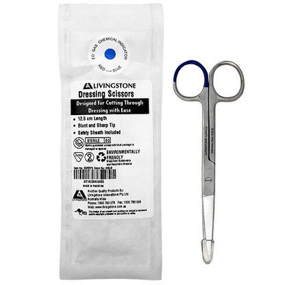 Livingstone Dressing Surgical Scissors Sterile 12.5cm Sharp/Blunt Straight Stainless Steel Peel Pack - Silver x70
