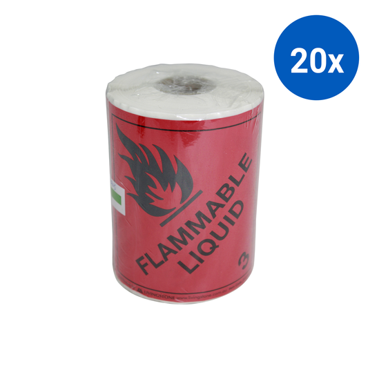 Adhesive Labels Printed "Flammable Liquid 3" 10 x 10cm 250/Roll - Black Words on Red x20