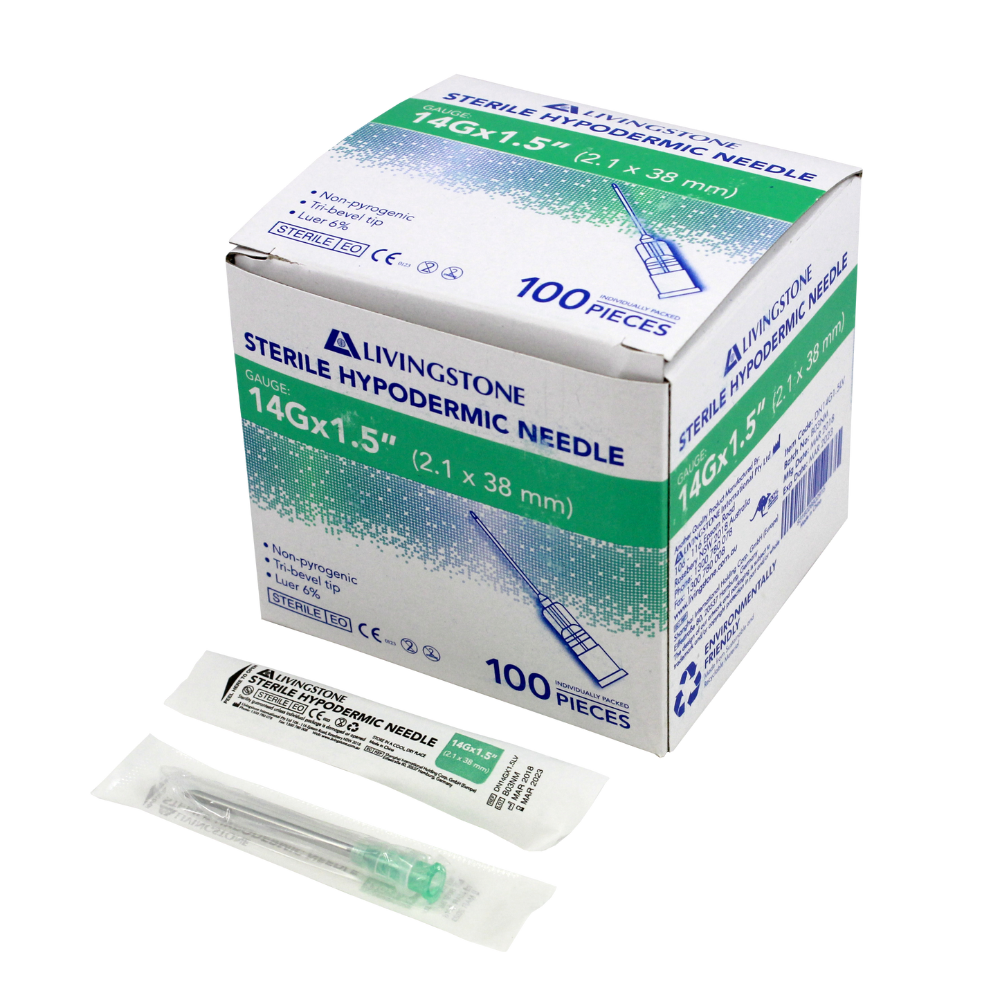 Livingstone Hypodermic Needles 14G (2.1mm) x 1.5" (38mm) Sterile 100 Pcs/Box - Silver x10