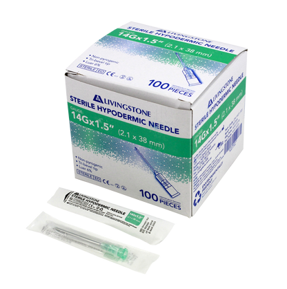 Livingstone Hypodermic Needles 14G (2.1mm) x 1.5" (38mm) Sterile 100 Pcs/Box - Silver x10