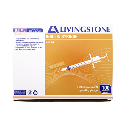 Livingstone Insulin Syringes 0.3ml with Needle 29G x 12.7mm 100/Box - White x15