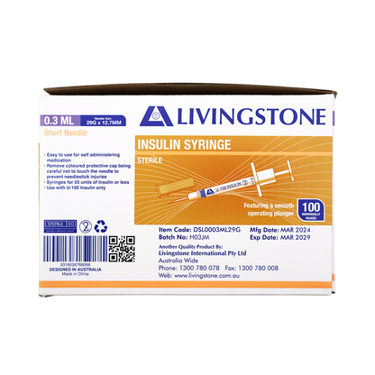 Livingstone Insulin Syringes 0.3ml with Needle 29G x 12.7mm 100/Box - White x15