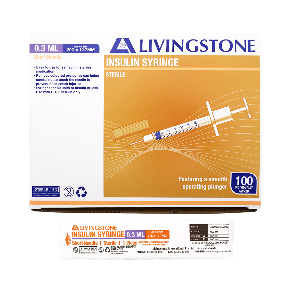 Livingstone Insulin Syringes 0.3ml with Needle 29G x 12.7mm 100/Box - White x15