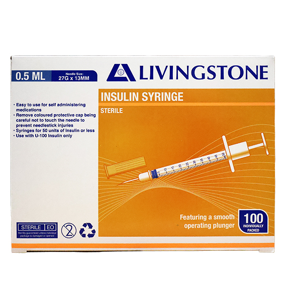 Livingstone Insulin Syringes 0.5ml with Needle 27G x 0.5" 13mm Sterile 100 Pcs/Box - White x20