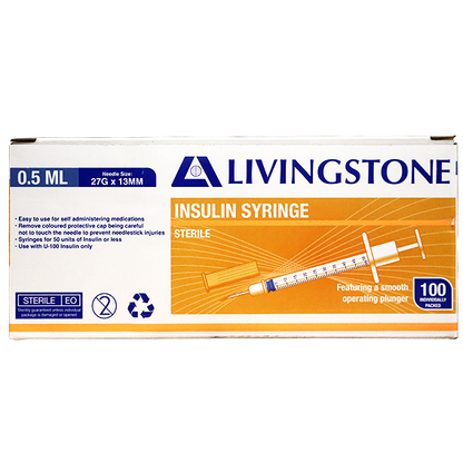 Livingstone Insulin Syringes 0.5ml with Needle 27G x 0.5" 13mm Sterile 100 Pcs/Box - White x20