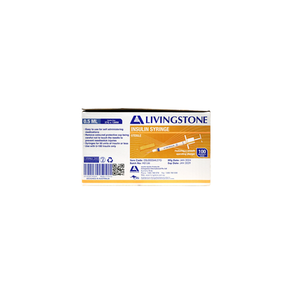 Livingstone Insulin Syringes 0.5ml with Needle 27G x 0.5" 13mm Sterile 100 Pcs/Box - White x20
