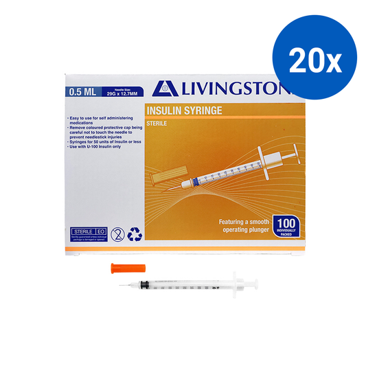Livingstone Insulin Syringes 0.5ml with Needle 29G x 12.7mm Sterile 100 Pcs/Box - White x20