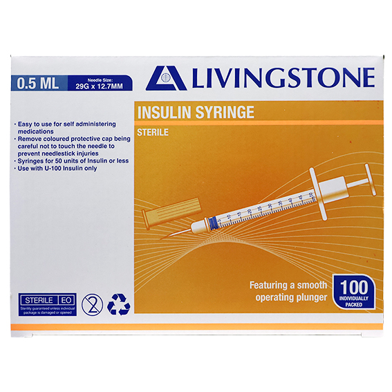 Livingstone Insulin Syringes 0.5ml with Needle 29G x 12.7mm Sterile 100 Pcs/Box - White x20