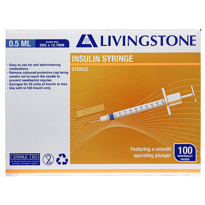 Livingstone Insulin Syringes 0.5ml with Needle 29G x 12.7mm Sterile 100 Pcs/Box - White x20
