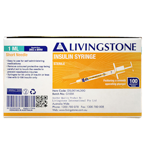 Livingstone Insulin Syringe 1ML With Needle 30Gx0.32Inch 8MM 100-Pack - White x15
