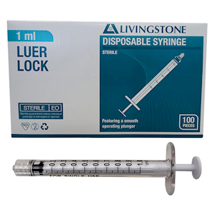 Livingstone Syringe 1ml Luer Lock Tip White Plunger Polycarbonate Barrel 100/Box - Clear x10