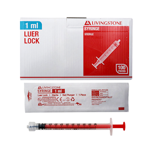 Livingstone Syringe 1ml Luer Lock Tip Latex Free Hypoallergeni 100/Box - Red