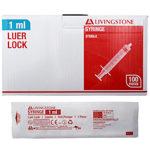 Livingstone Syringe 1ml Luer Lock Tip Latex Free Hypoallergeni 100/Box - Red