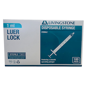 Livingstone Syringe 1ml Luer Lock Tip White Plunger Polycarbonate Barrel 100/Box - Clear x10