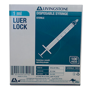 Livingstone Syringe 1ml Luer Lock Tip White Plunger Polycarbonate Barrel 100/Box - Clear x10