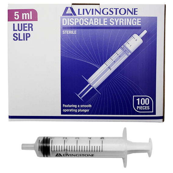 Livingstone Syringe 5ml Luer Slip Tip Latex Free Hypoallergenic Sterile 100 Pcs/Box - White x35