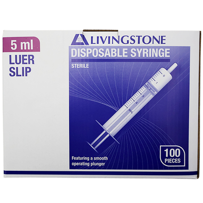 Livingstone Syringe 5ml Luer Slip Tip Latex Free Hypoallergenic Sterile 100 Pcs/Box - White x35