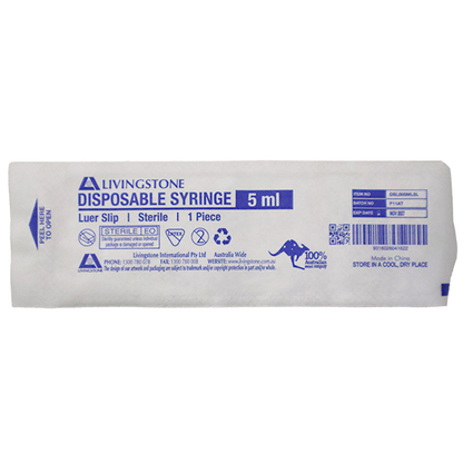 Livingstone Syringe 5ml Luer Slip Tip Latex Free Hypoallergenic Sterile 100 Pcs/Box - White x35