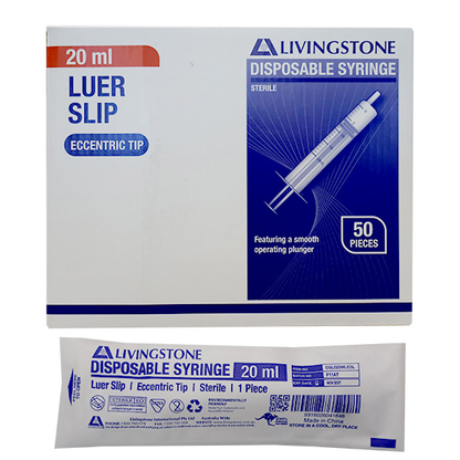 Livingstone Syringe 20ml Luer Slip Tip Eccentric Off Centre 50/Box - Clear x25