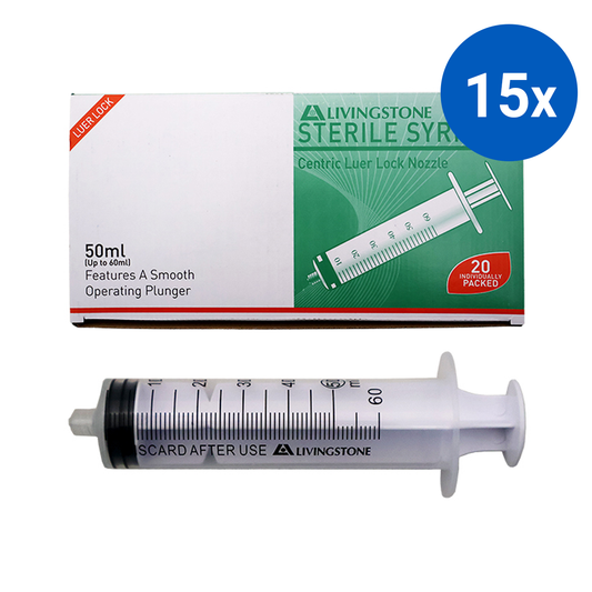 Livingstone Syringe 50ml Luer Lock Tip 20/Box - Clear x15