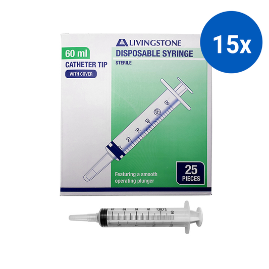 Livingstone Syringe 60ml Catheter Tip with Cap Latex Free Hypoallergenic Sterile 25/Box - Clear x15