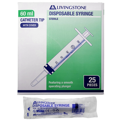 Livingstone Syringe 60ml Catheter Tip with Cap Latex Free Hypoallergenic Sterile 25/Box - Clear x15