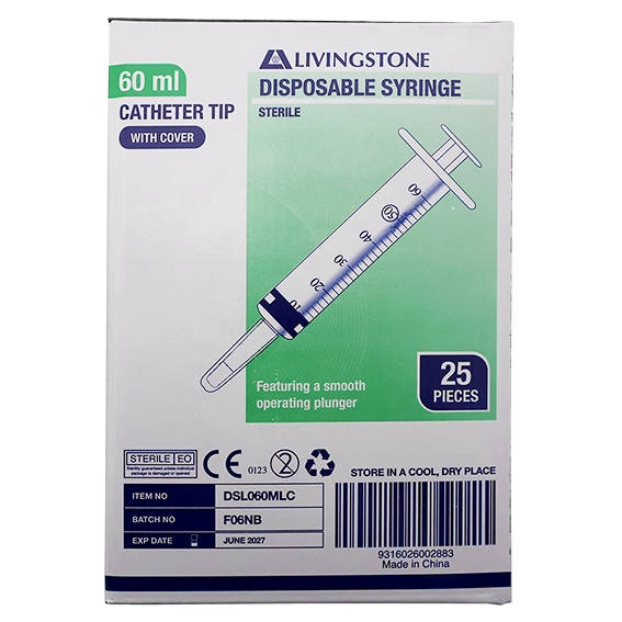Livingstone Syringe 60ml Catheter Tip with Cap Latex Free Hypoallergenic Sterile 25/Box - Clear x15