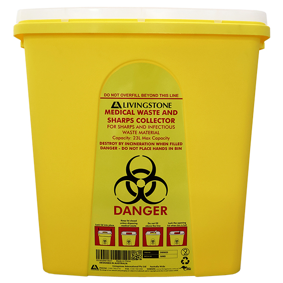 Livingstone Needles Sharps Waste Collector 23L with Sliding Lid and Finger Guard - Yellow x10