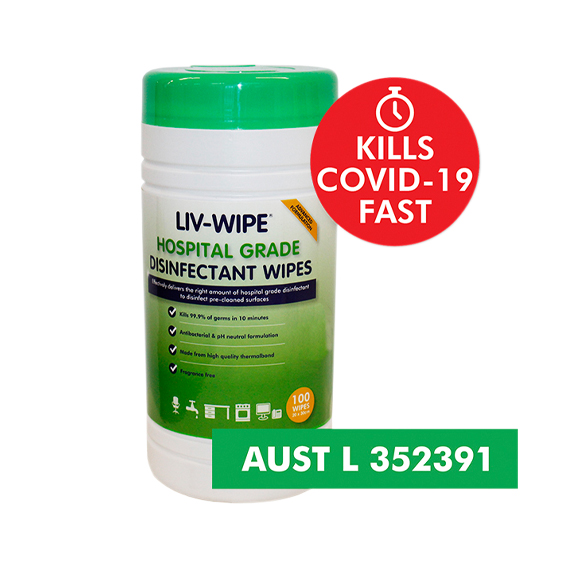Liv-Wipe Hospital Grade Sanitiser Disinfectant Wipes 20 x 30cm TGA 100/Tub 800/Carton - White x5