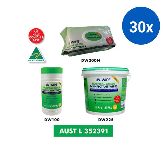Liv-Wipe Hospital Grade Sanitiser Disinfectant Wipes 22x28cm Non-Corrosive TGA352391 With Hard Lid 150 Wipes/Packet - White x30