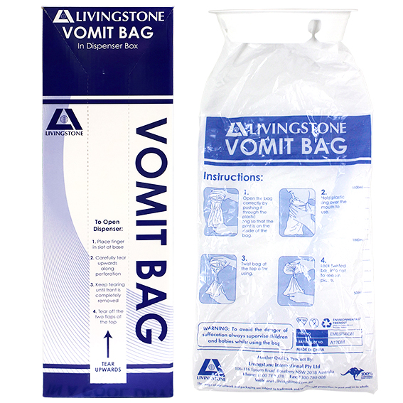 Livingstone Emesis Vomit Bag 1500ml in Patented Dispenser 50 Pcs/Box - White x15