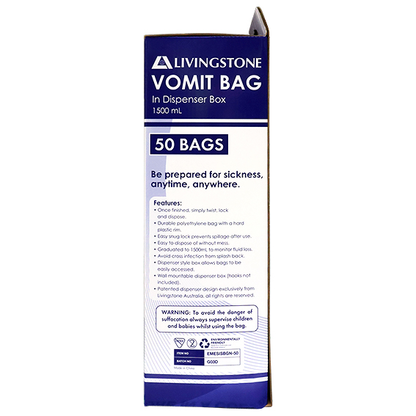 Livingstone Emesis Vomit Bag 1500ml in Patented Dispenser 50 Pcs/Box - White x15