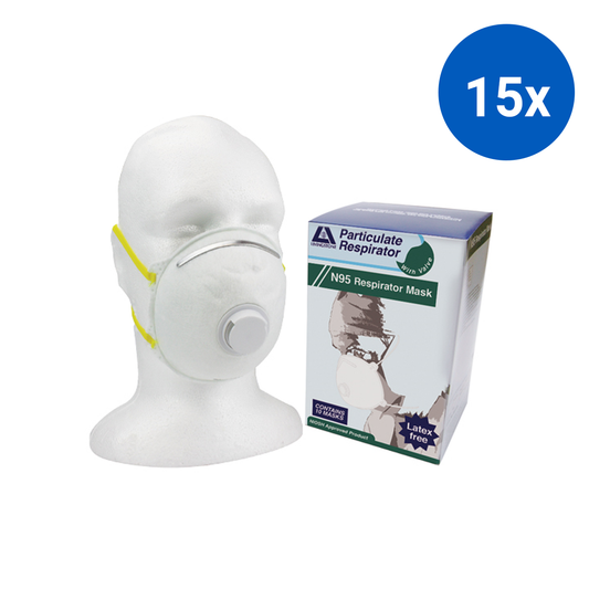 Liv Genuine N95 P2 Respirator Face Mask Valved Cupped Cone NIOSH 84A-5460 Head Band 10/Box - White x15
