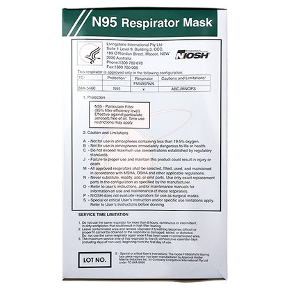 Liv Genuine N95 P2 Respirator Face Mask Valved Cupped Cone NIOSH 84A-5460 Head Band 10/Box - White x15