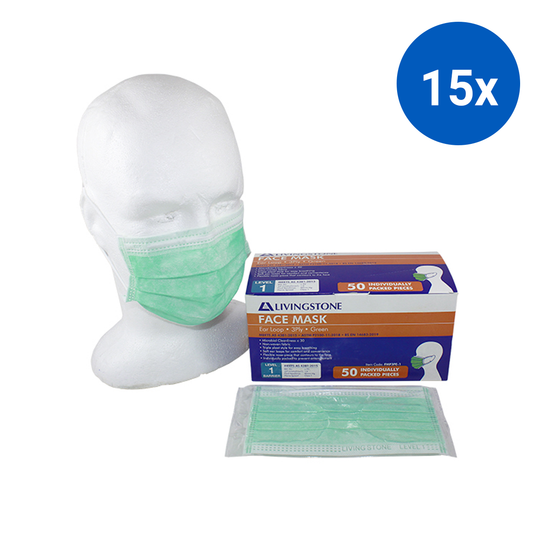 Livingstone Face Mask TGA 350632 Level 2 3-Ply EN14683 Type IIR ASTM F2100-19 Earloop 1 Pc/Pack 50 Packs/Box - Green x15