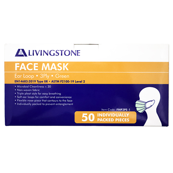 Livingstone Face Mask TGA 350632 Level 2 3-Ply EN14683 Type IIR ASTM F2100-19 Earloop 1 Pc/Pack 50 Packs/Box - Green x15