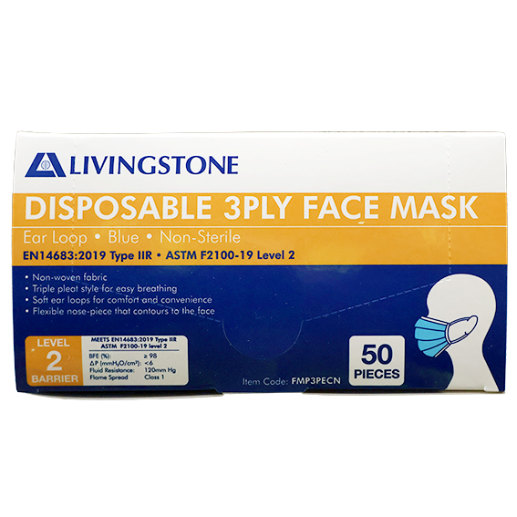 Liv Medical Hypoallergenic Face Mask TGA 350632 Level 2 3-Ply Earloop Latex Free 50/Box - Blue x55