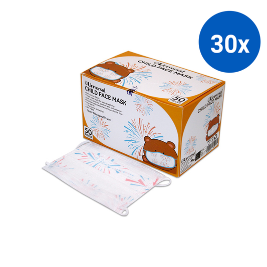 Universal Child Face Mask Level 2 3-Ply Ear Loop Latex Free 50/Box - White/Blue/Pink x30