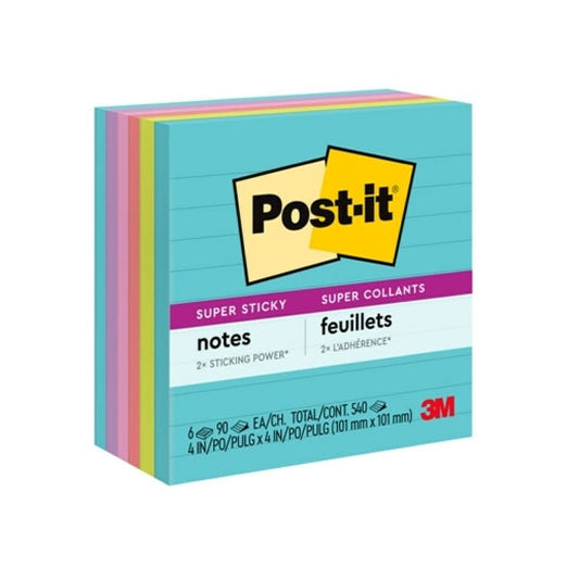 Post‑It Lined Super Sticky Notes Miami 101 x 101mm 6‑Pack