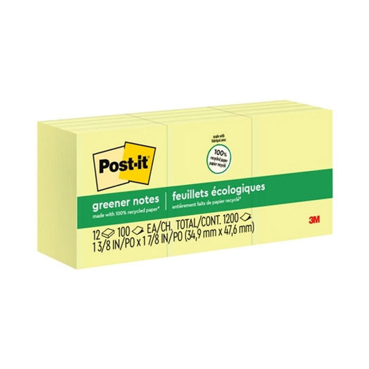 Post‑It Greener Notes Canary Yellow 36 x 48mm 12‑Pack