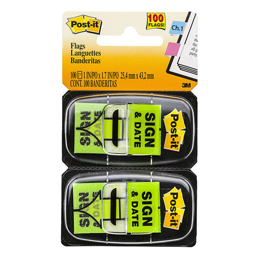 Post‑It Sign & Date Flags Bright Green 25 x 43mm 2‑Pack Box of 6