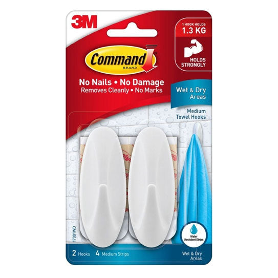 Command 17081WD Medium Wet Area Towel Hooks – 2 Pack (6 Box, 12 Strips)