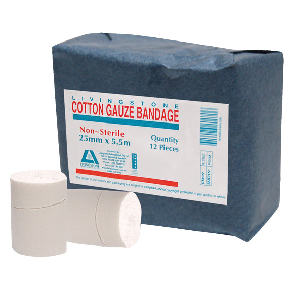 Livingstone Gauze Bandage Wide Open Weave Latex Free 25mm x 5.5m 12/Pack - White x210