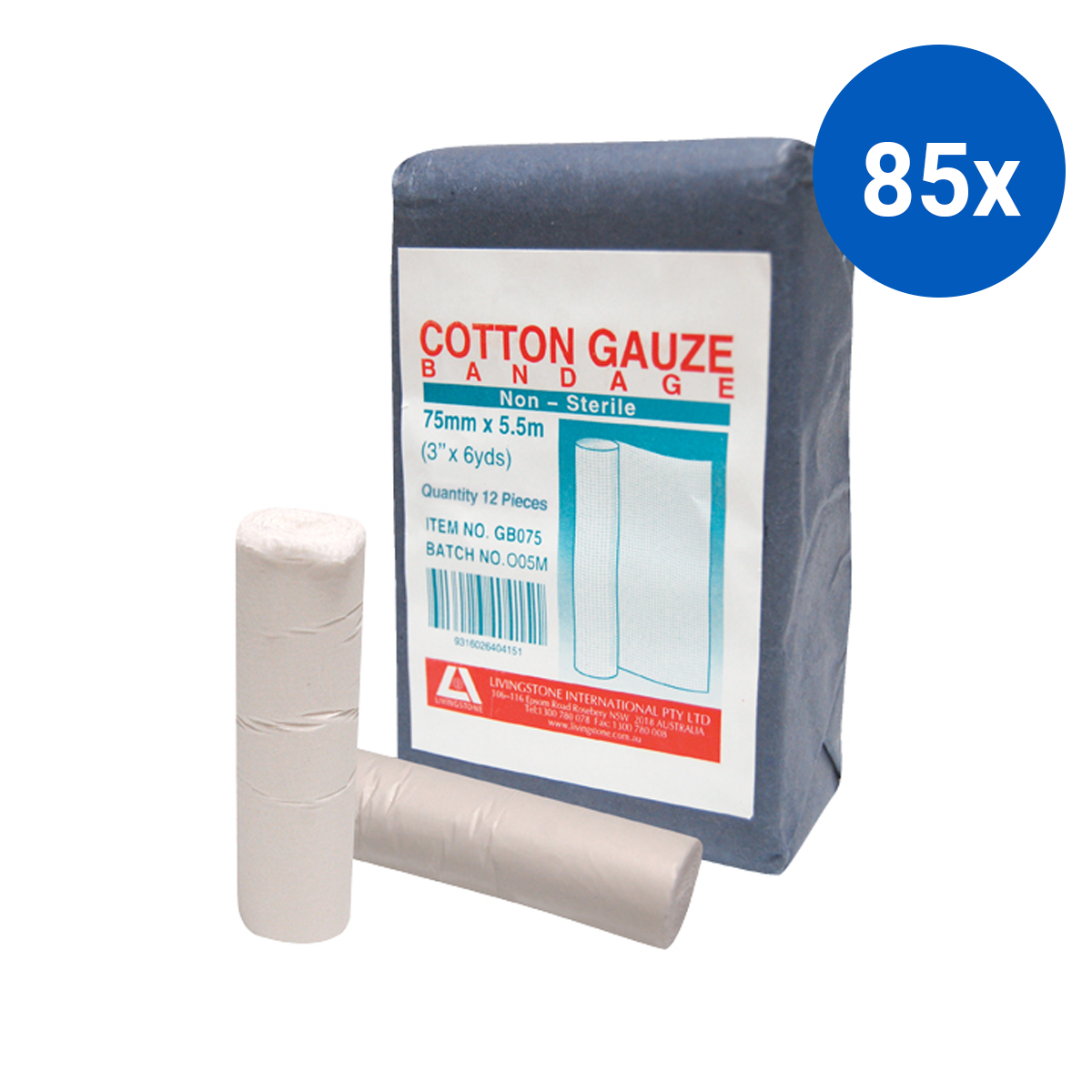 Livingstone Gauze Bandage Wide Open Weave Latex Free 75mm x 5.5m 12/Pack - White x85