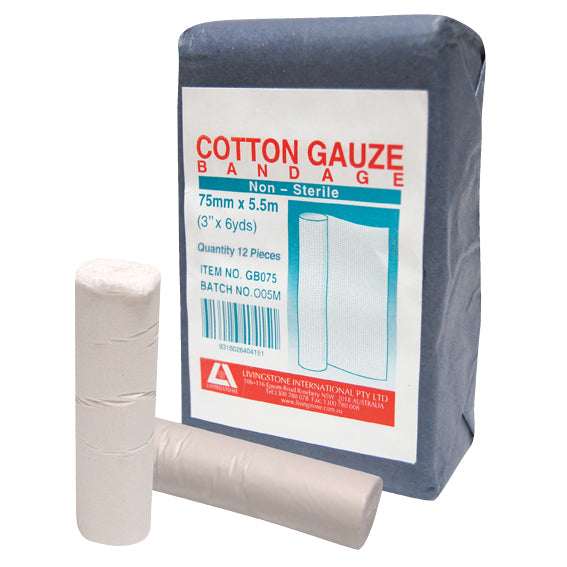 Livingstone Gauze Bandage Wide Open Weave Latex Free 75mm x 5.5m 12/Pack - White x85
