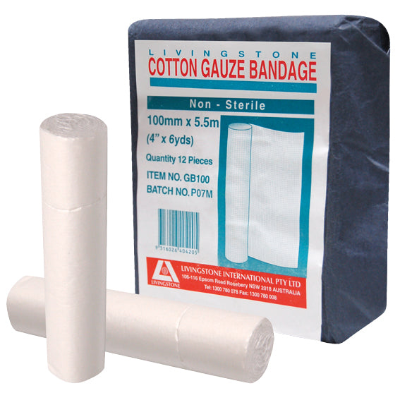 Livingstone Gauze Bandage Wide Open Weave Latex Free 100mm x 5.5m 12/Pack - White x75